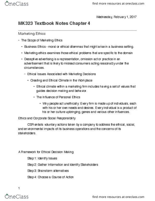 SMG MK 323 Chapter Notes - Chapter Ch. 4: Corporate Social Responsibility, Marketing Ethics, Alternative Energy thumbnail