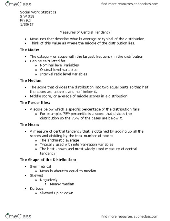 S W 318 Lecture Notes - Lecture 4: Central Tendency, Kurtosis thumbnail
