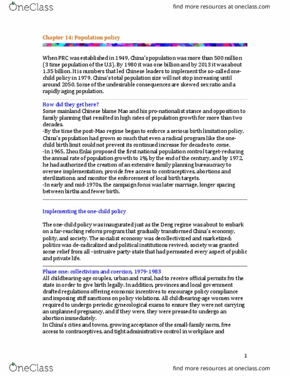 INTA 3230 Chapter Notes - Chapter 14: Zhou Enlai, Total Fertility Rate, Sex Selection thumbnail