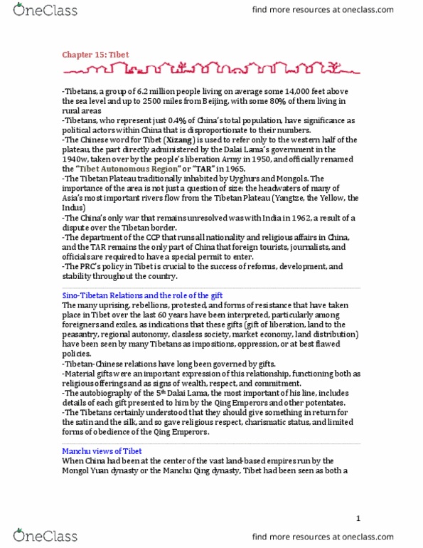 INTA 3230 Chapter Notes - Chapter 15: Tibetan Plateau, Tibetan People, Yuan Dynasty thumbnail