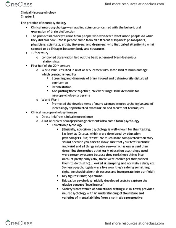 PSYC31H3 Chapter Notes - Chapter 1: Clinical Neuropsychology, Neuropsychological Assessment, Neurofibrillary Tangle thumbnail