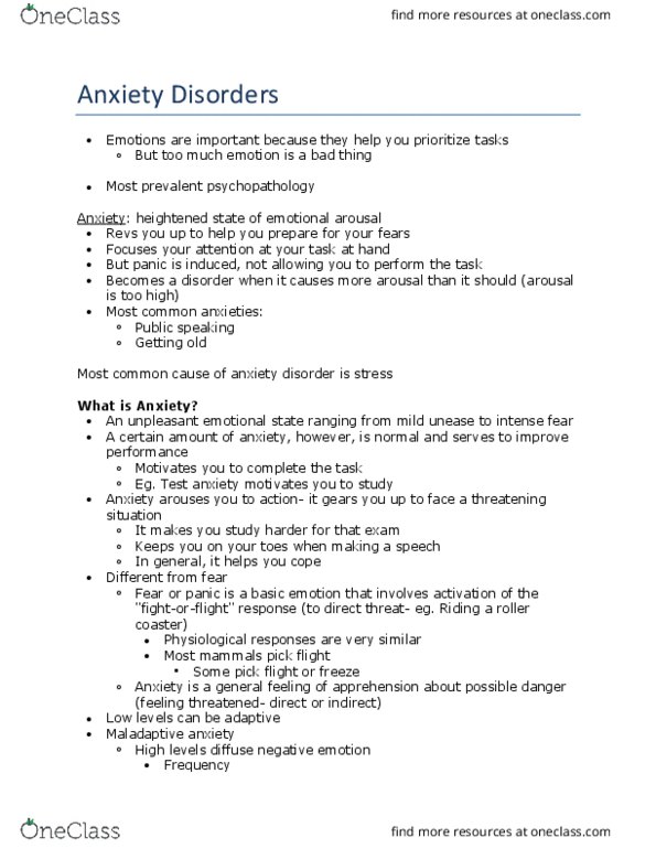 PSY340H5 Lecture Notes - Lecture 3: Anxiety Disorder, Generalized Anxiety Disorder, Social Anxiety Disorder thumbnail