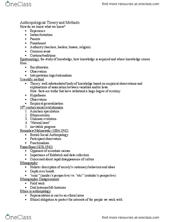 ANT 102 Lecture Notes - Lecture 3: Franz Boas, Sociocultural Evolution, Scientism thumbnail