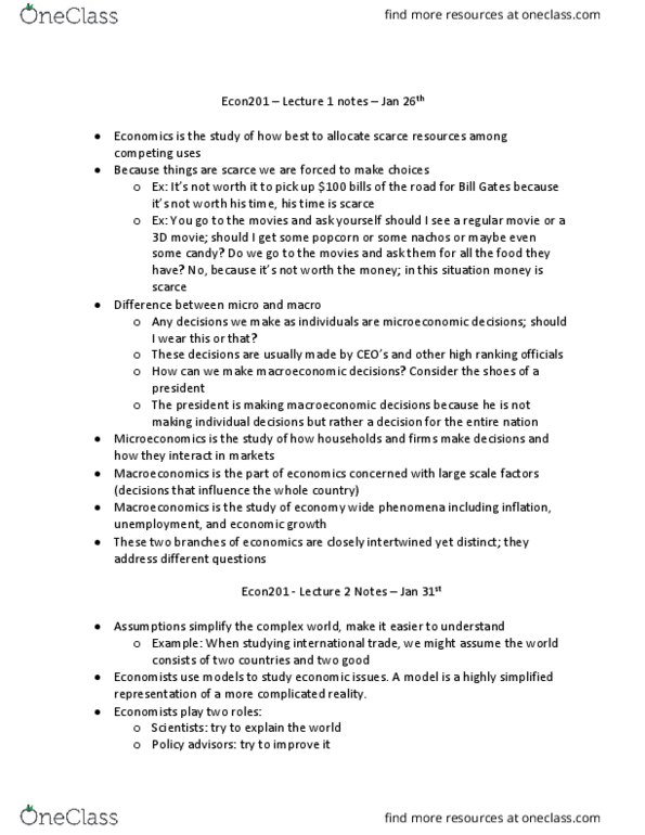 ECON 201 Lecture Notes - Lecture 2: Nachos, Positive Statement, Scientific Method thumbnail