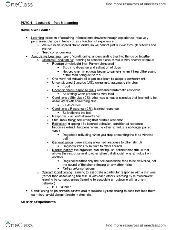 PSYC 1 Lecture Notes - Lecture 6: Operant Conditioning Chamber, Operant Conditioning, Classical Conditioning thumbnail