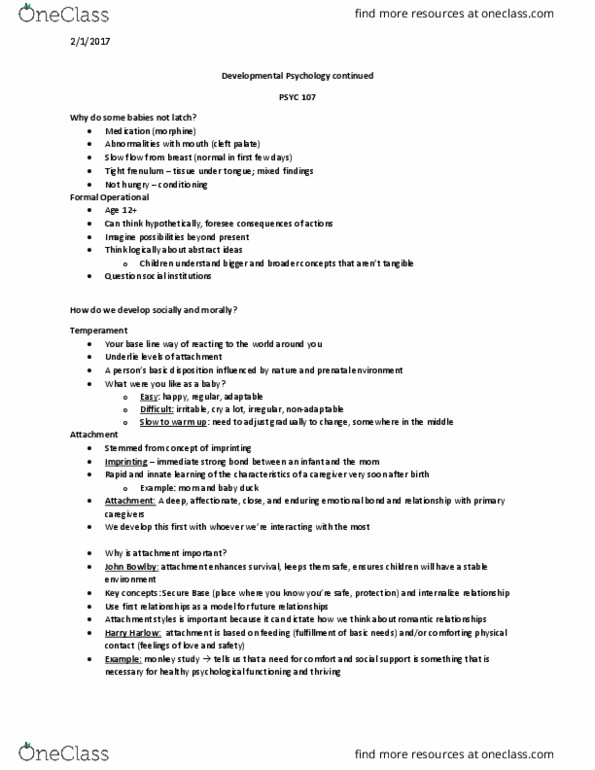 PSYC 107 Lecture Notes - Lecture 5: Harry Harlow, Cleft Lip And Cleft Palate, John Bowlby thumbnail