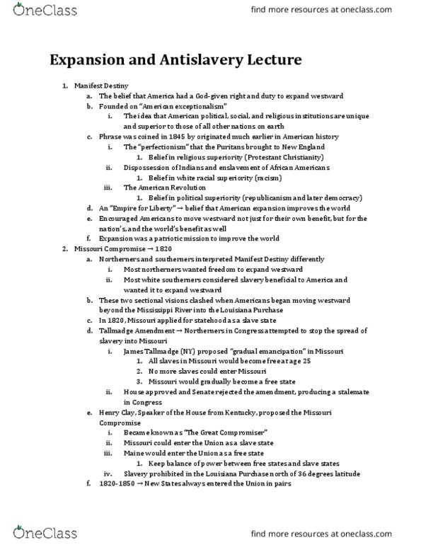 HIST 110 Lecture Notes - Lecture 11: Tallmadge Amendment, James Tallmadge Jr., Missouri Compromise thumbnail