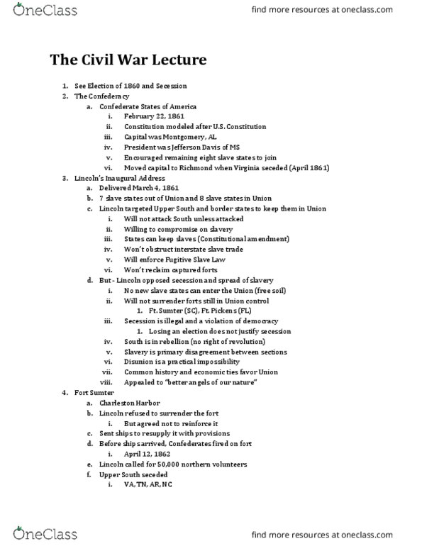 HIST 110 Lecture Notes - Lecture 13: Upland South, War Democrat, Interior Lines thumbnail