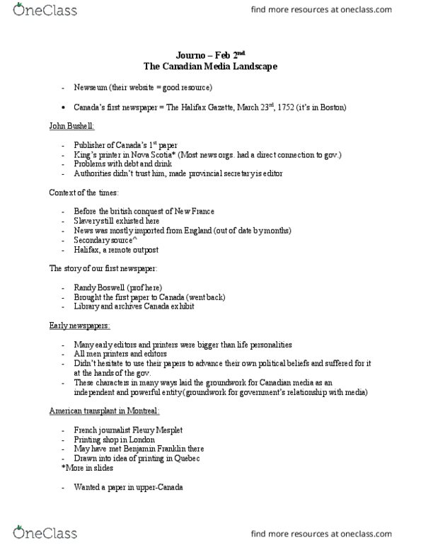 JOUR 1002 Lecture Notes - Lecture 5: Fleury Mesplet, Halifax Gazette, Joseph Howe thumbnail