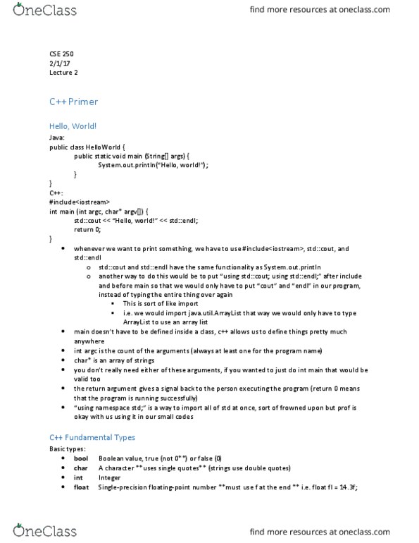 CSE 250 Lecture Notes - Lecture 2: Entry Point, Dynamic Array, No Type thumbnail