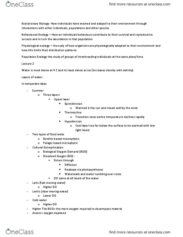 BIOL 2600 Lecture Notes - Lecture 1: Biochemical Oxygen Demand, Typha, Interspecific Competition thumbnail