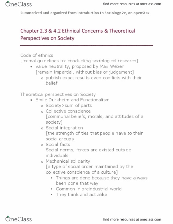 SOCIOL 110 Chapter Notes - Chapter 2.3&4.2: Openstax, Mechanical And Organic Solidarity, Social Integration thumbnail