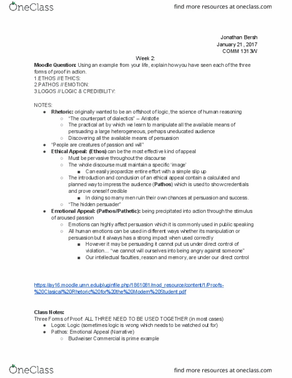 COMM 1313W Chapter Notes - Chapter 2: Pathos, Moodle thumbnail