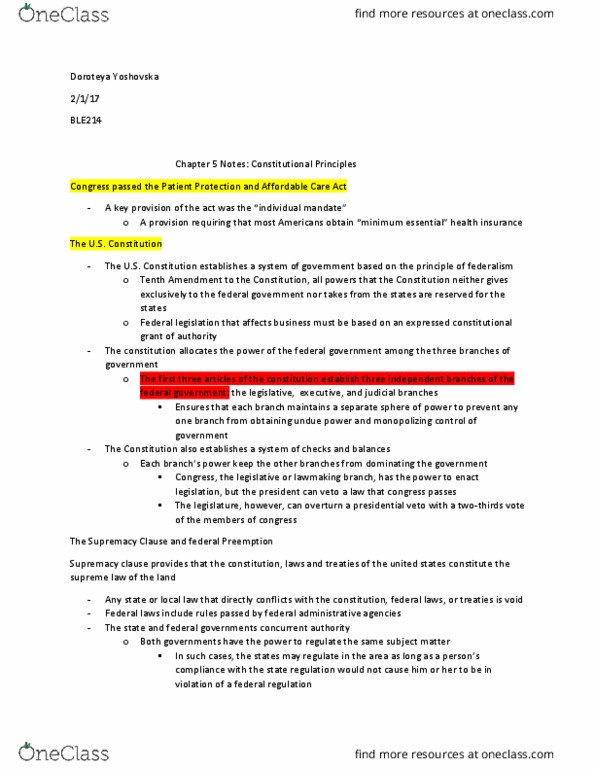 BLE-214 Lecture Notes - Lecture 5: Federal Preemption, Commerce Clause, Supremacy Clause thumbnail