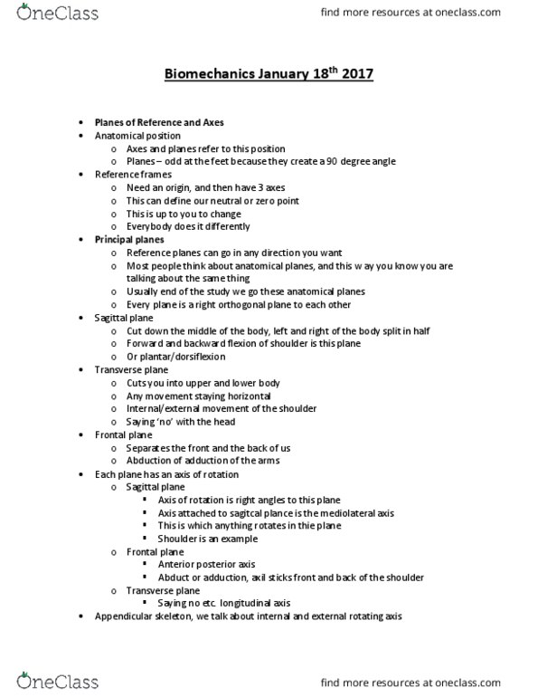 Kinesiology 2241A/B Lecture Notes - Lecture 4: Sagittal Plane, Transverse Plane, Appendicular Skeleton thumbnail