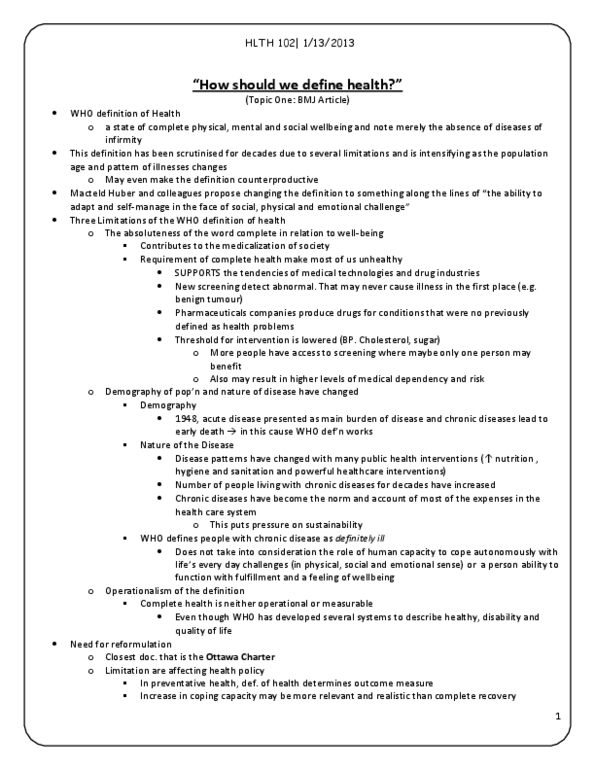 HLTH102 Lecture Notes - Benign Tumor, Ottawa Charter For Health Promotion, Operational Definition thumbnail