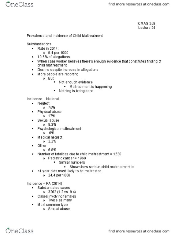 HD FS 258 Lecture Notes - Lecture 24: Psychological Abuse, Child Neglect, Physical Abuse thumbnail