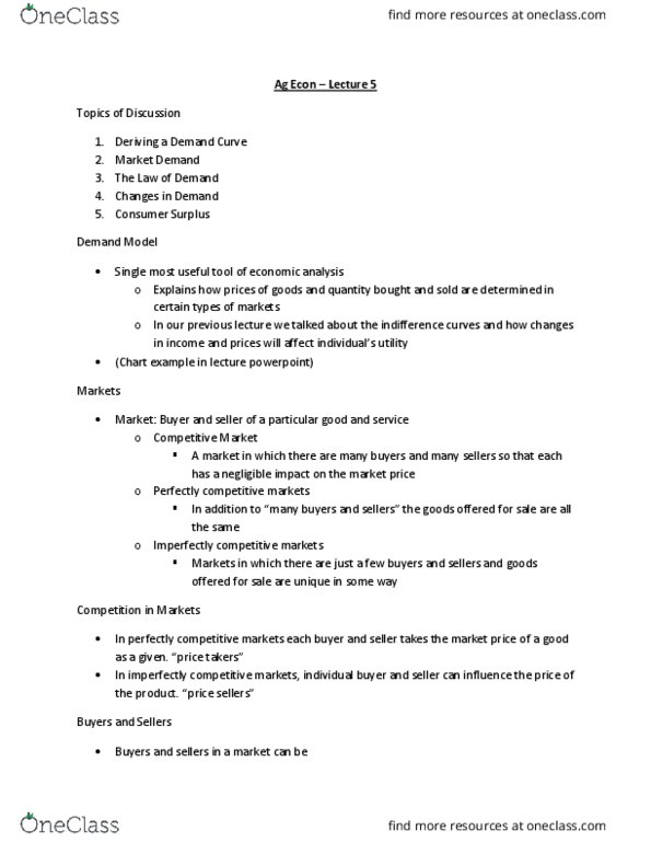 AGEC 105 Lecture Notes - Lecture 5: Imperfect Competition, Perfect Competition, Demand Curve thumbnail