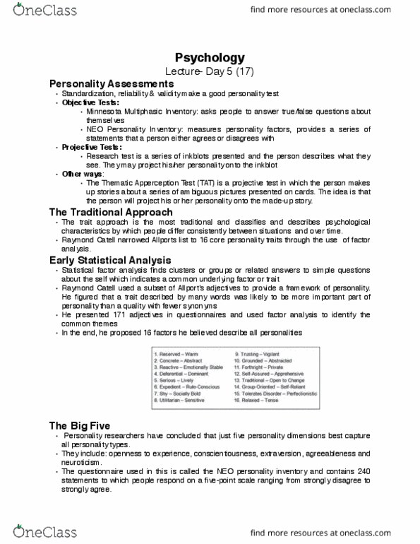 PSYC 100 Lecture Notes - Lecture 5: Thematic Apperception Test, Factor Analysis, Projective Test thumbnail