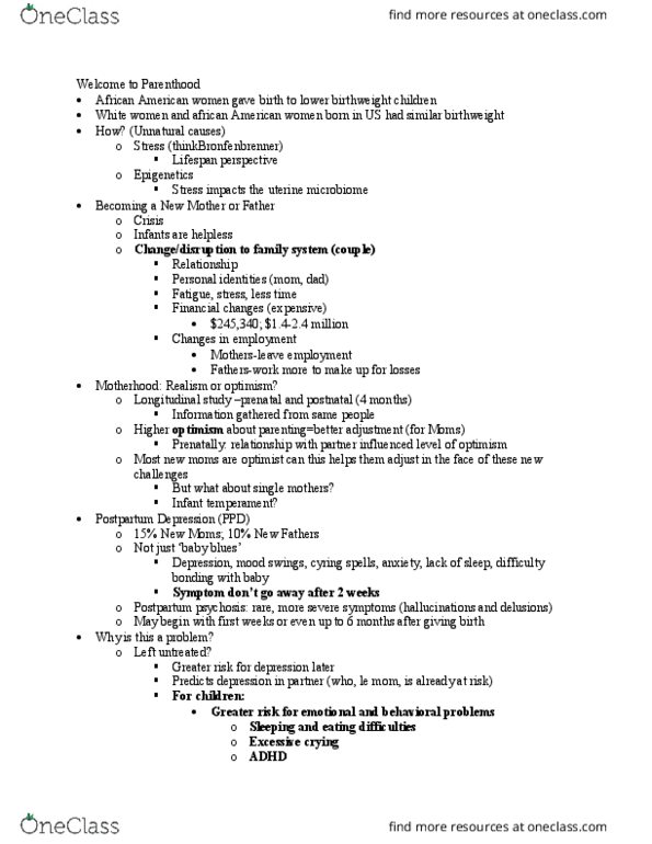PSYC 304 Lecture Notes - Lecture 5: Postpartum Depression, Postpartum Psychosis, Morning Sickness thumbnail
