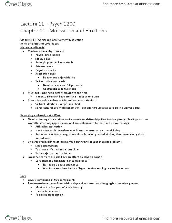 PSYC 1200 Lecture Notes - Lecture 11: Belongingness, Sleep Deprivation, Social Rejection thumbnail