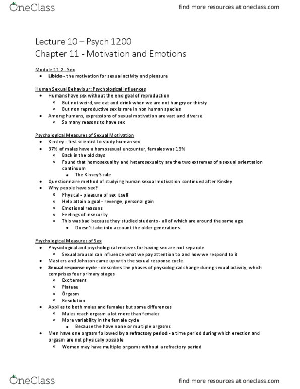 PSYC 1200 Lecture Notes - Lecture 10: Human Sexual Response Cycle, Kinsey Scale, Orgasm thumbnail