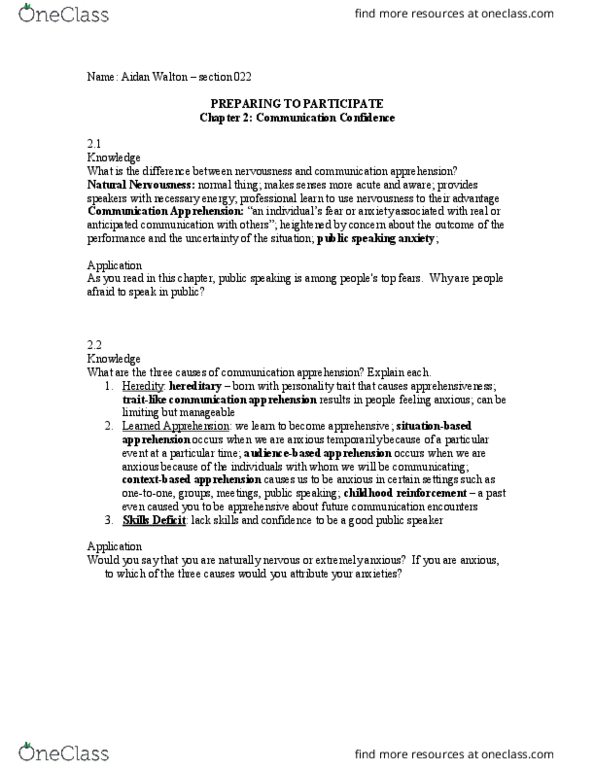 COM 110 Chapter Notes - Chapter 2: Communication Apprehension, Trait Theory, Speech Disfluency thumbnail