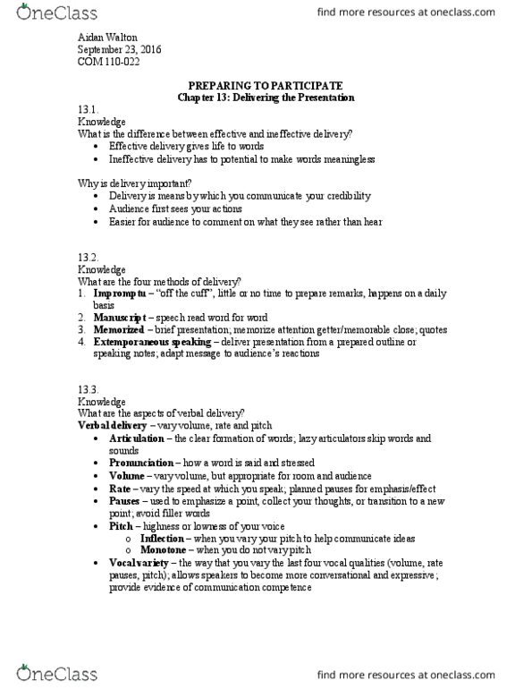 COM 110 Chapter Notes - Chapter 13: Inflection, Eye Contact thumbnail