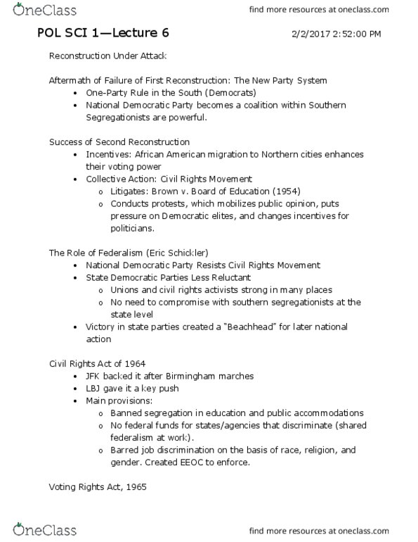 POL SCI 1 Lecture Notes - Lecture 6: Voting Rights Act Of 1965, Literacy Test, Early Voting thumbnail