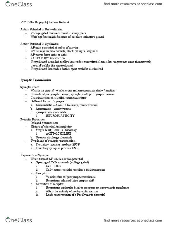 PSY 250 Lecture Notes - Lecture 4: Neurotransmitter Receptor, Excitatory Synapse, Reuptake thumbnail