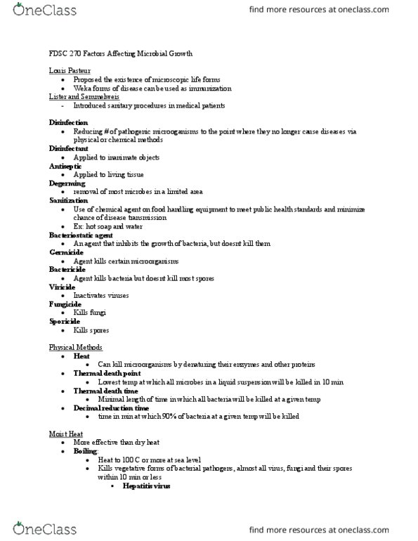 FDSC 270 Lecture Notes - Lecture 3: Thermal Death Time, Louis Pasteur, Bacteriostatic Agent thumbnail