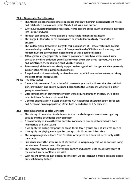 Biology 1001A Chapter Notes - Chapter 21.4-21.5: Homo Erectus, Multiregional Origin Of Modern Humans, Denisovan thumbnail