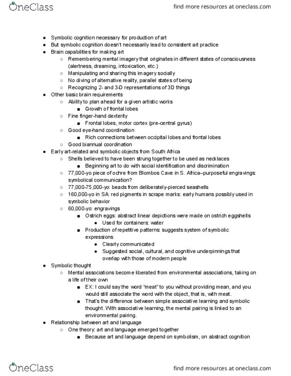 PSYCH 119T Lecture Notes - Lecture 3: Blombos Cave, Cave Of Altamira, Chauvet Cave thumbnail