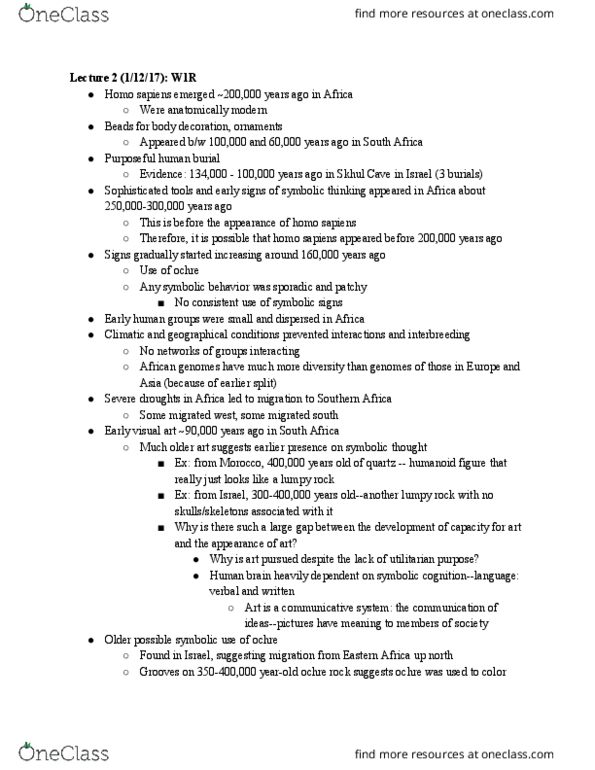 PSYCH 119T Lecture Notes - Lecture 2: Archaic Humans, Anatomically Modern Human, Homo Sapiens thumbnail