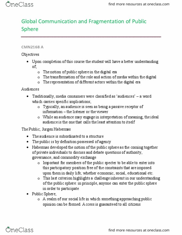 CMN2168 Lecture Notes - Lecture 5: Jürgen Habermas, Christopher Lasch, Gernsheim thumbnail