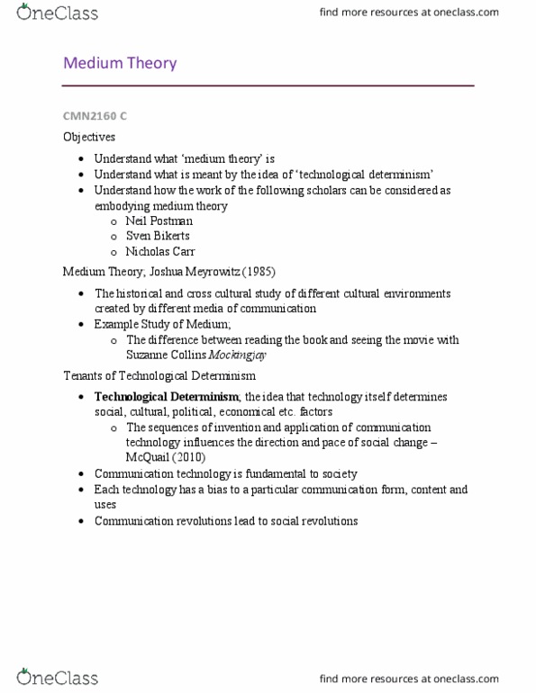 CMN2160 Lecture Notes - Lecture 5: Neil Postman, Aldous Huxley, Suzanne Collins thumbnail