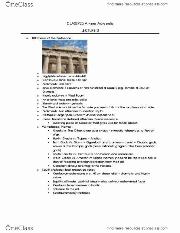 CLAS 3P25 Lecture Notes - Lecture 8: Parthenon Frieze, Lapiths, Greco-Persian Wars thumbnail