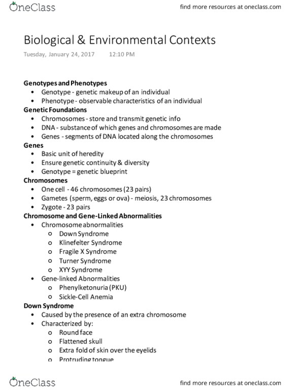 PSYC 289 Lecture Notes - Lecture 3: Fragile X Syndrome, Klinefelter Syndrome, Chorionic Villi thumbnail