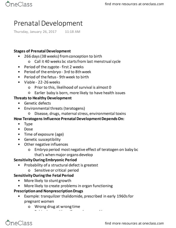 PSYC 289 Lecture Notes - Lecture 4: Prenatal Development, Fetal Alcohol Spectrum Disorder, Teratology thumbnail