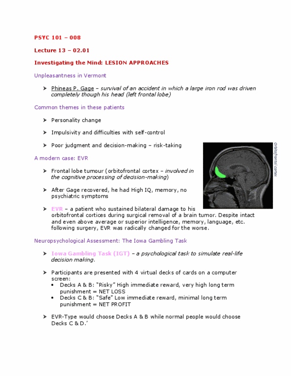 PSYC 101 Lecture Notes - Lecture 13: Frontal Lobe, Orbitofrontal Cortex, Lesion thumbnail