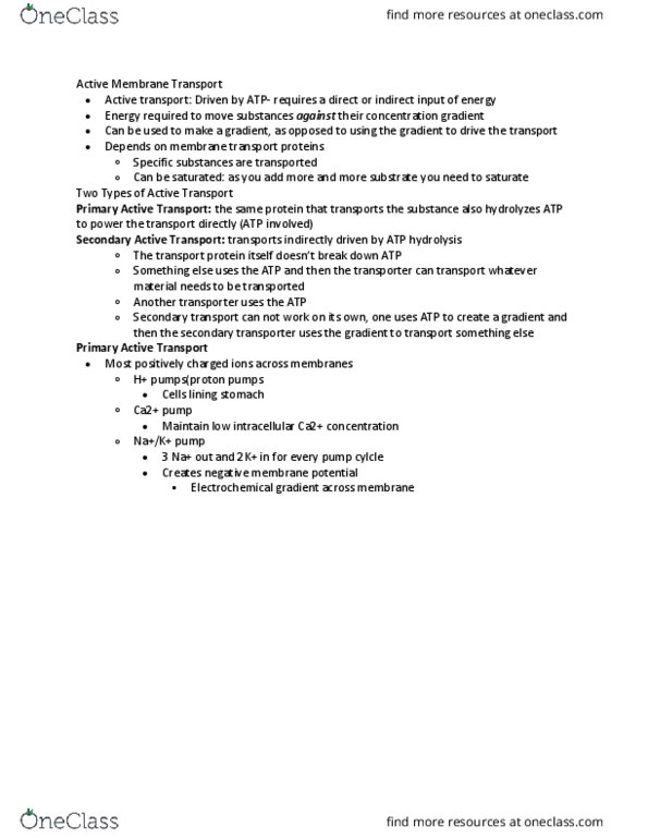 BI110 Lecture Notes - Lecture 12: Membrane Transport Protein, Electrochemical Gradient, Active Transport thumbnail