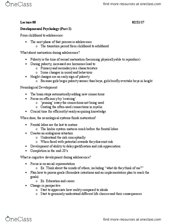 PSYC 1000 Lecture Notes - Lecture 8: Erik Erikson, Puberty, Cultural Bias thumbnail