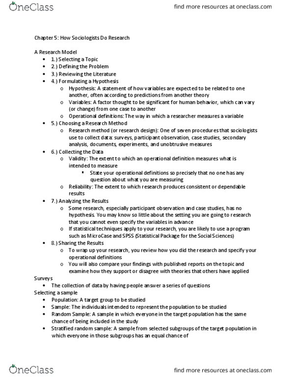 SOCI 101 Chapter Notes - Chapter 5: Operational Definition, Participant Observation, Research thumbnail