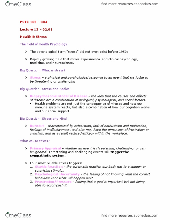 PSYC 102 Lecture Notes - Lecture 12: Adrenal Gland, Adrenocorticotropic Hormone, Catecholamine thumbnail