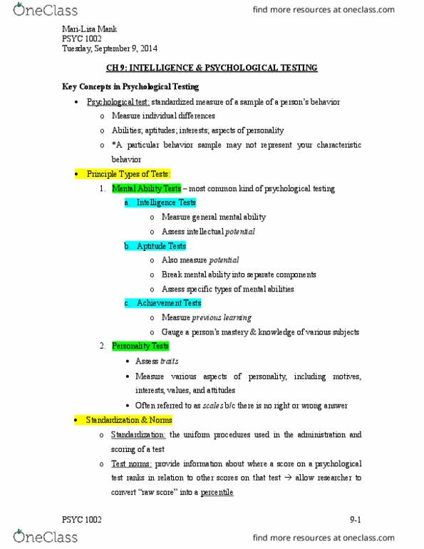 PSYC 1002 Chapter Notes - Chapter 9: Psychological Testing, Convergent Thinking, Inductive Reasoning thumbnail