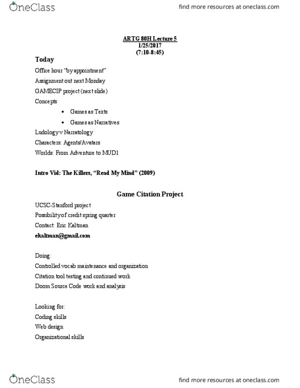 ARTG 80H Lecture Notes - Lecture 5: Joseph Weizenbaum, Apotheosis, Zork thumbnail