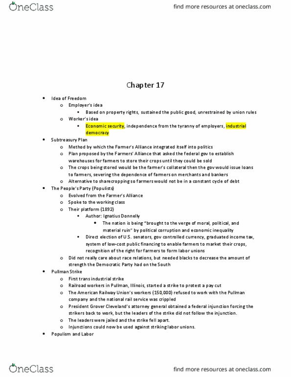 HIST 2112 Chapter Notes - Chapter 17: Ope, Industrial Democracy, Gold Standard Act thumbnail