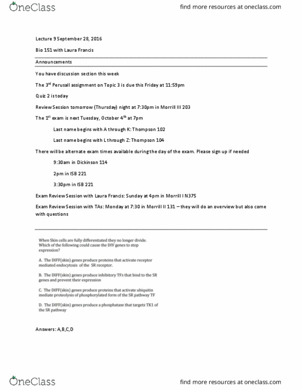 BIOLOGY 151 Lecture Notes - Lecture 9: Ubiquitin, Proteasome, Cellular Differentiation thumbnail