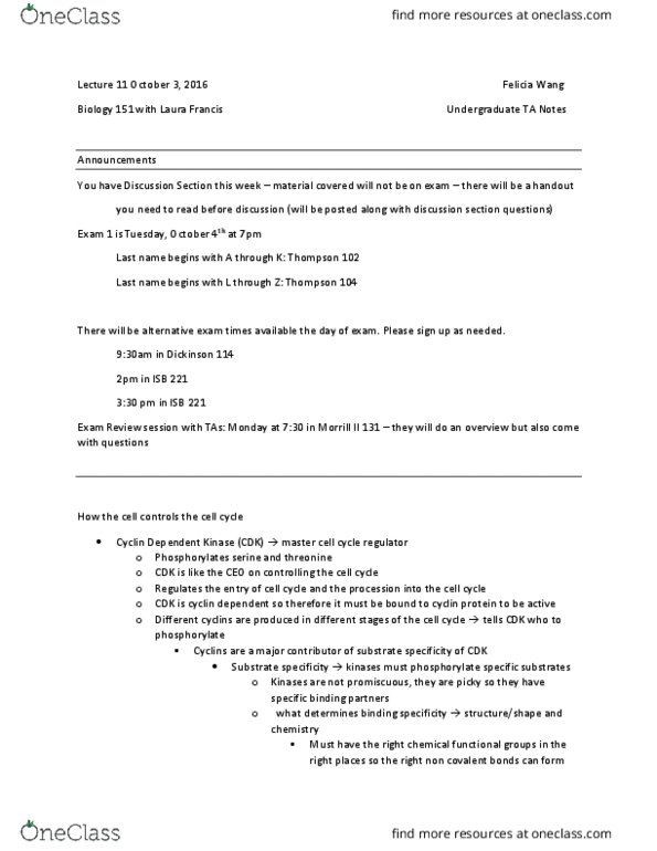 BIOLOGY 151 Lecture Notes - Lecture 11: Phosphorylation, E2F, Covalent Bond thumbnail