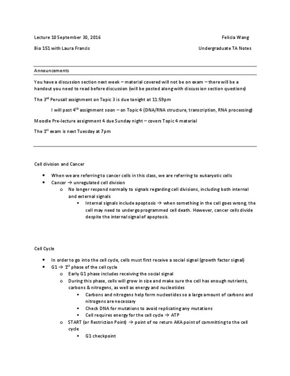 BIOLOGY 151 Lecture Notes - Lecture 10: Apoptosis, Growth Factor, S Phase thumbnail